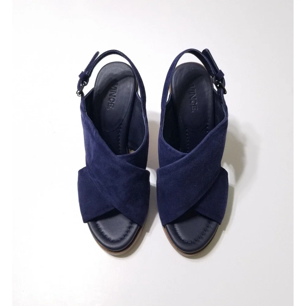 Vince Helena Suede Slingback Wooden Block Heel Sandals Indigo Blue NIB 6.5 7